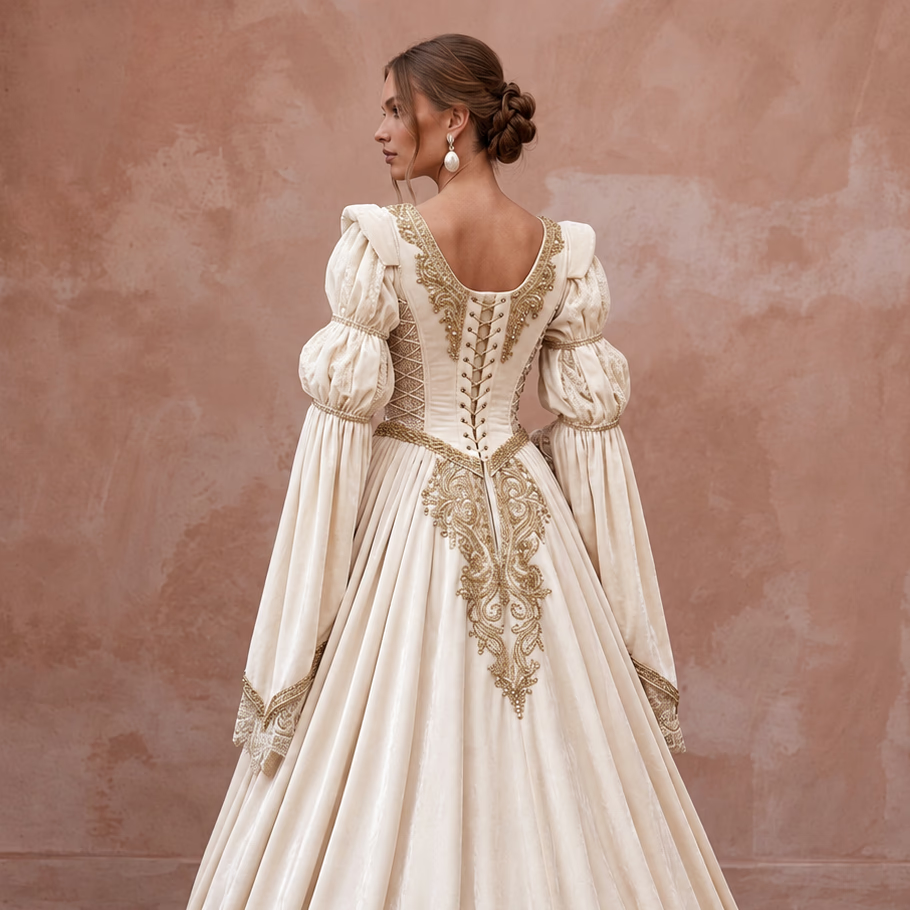 Renaissance-Inspired Ivory Velvet & Lace Wedding Gown for Faire Wedding Reception
