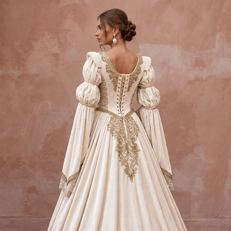 Renaissance-Inspired Ivory Velvet & Lace Wedding Gown for Faire Wedding Reception