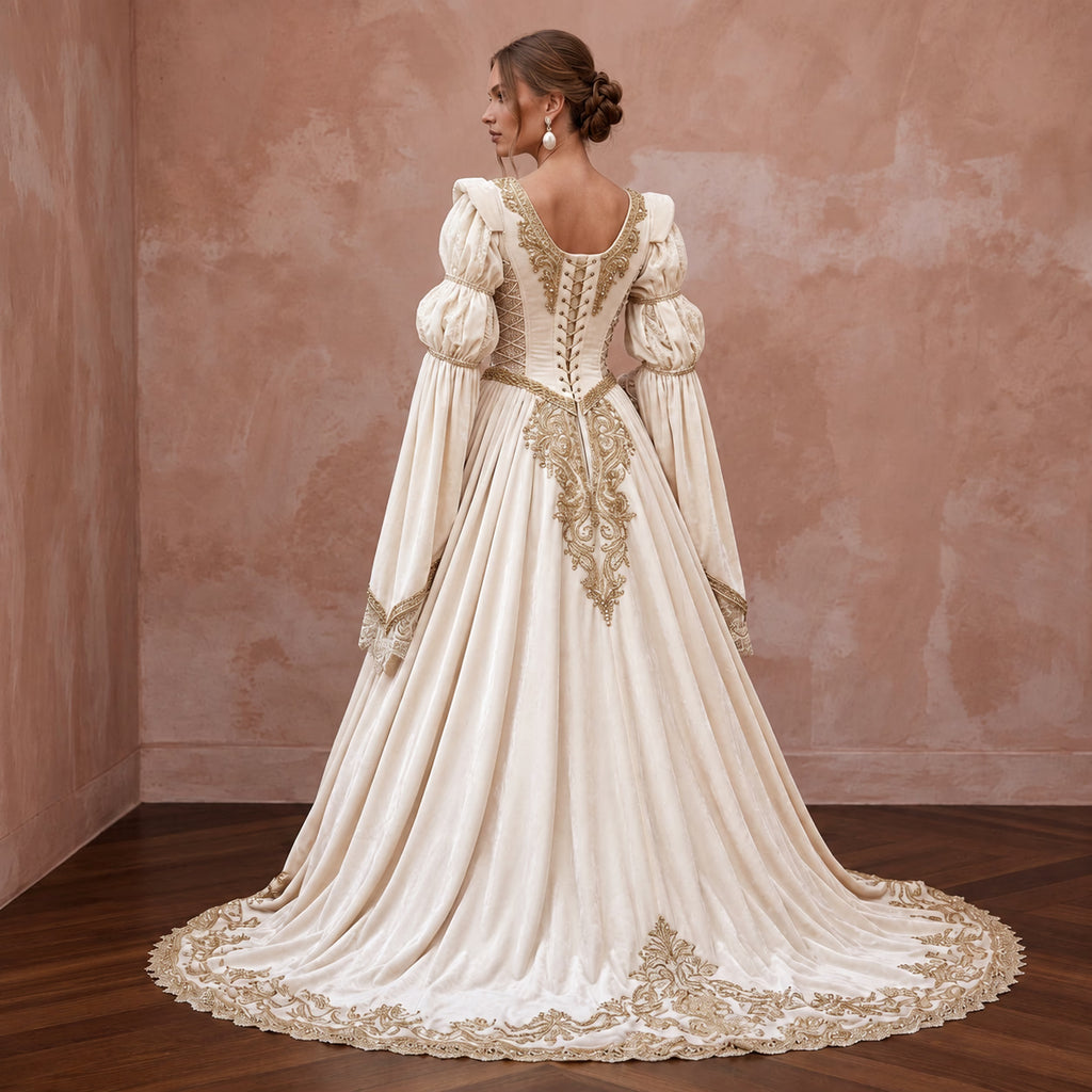 Renaissance-Inspired Ivory Velvet & Lace Wedding Gown for Faire Wedding Reception