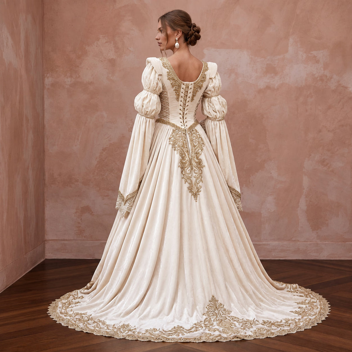 Renaissance-Inspired Ivory Velvet & Lace Wedding Gown for Faire Wedding Reception