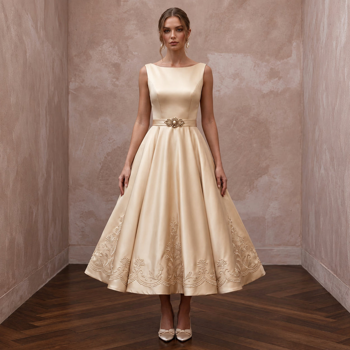 Retro Champagne Satin Swing Bridal Dress for Vow Renewal Party - Apparel & Accessories > Clothing > Wedding & Bridal Party Dresses > Wedding Dresses - Mignonette Bridal Main image