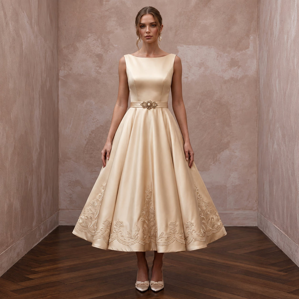 Retro Champagne Satin Swing Bridal Dress for Vow Renewal Party - Apparel & Accessories > Clothing > Wedding & Bridal Party Dresses > Wedding Dresses - Mignonette Bridal