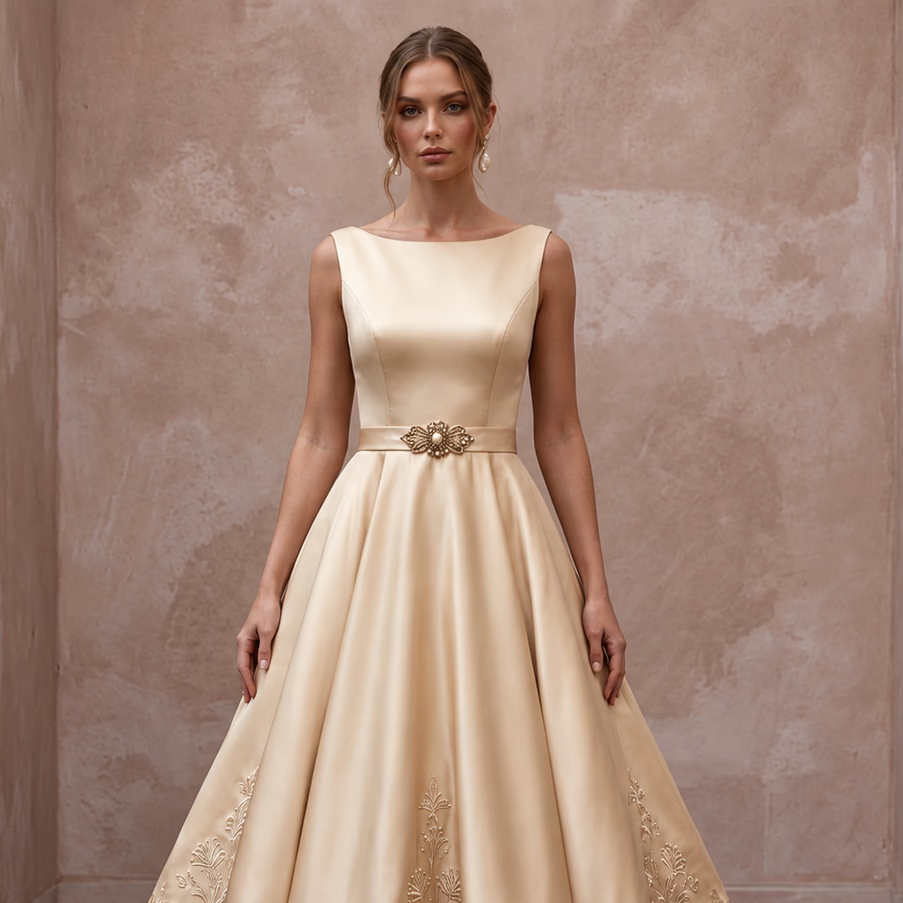 Retro Champagne Satin Swing Bridal Dress for Vow Renewal Party - Apparel & Accessories > Clothing > Wedding & Bridal Party Dresses > Wedding Dresses - Mignonette Bridal