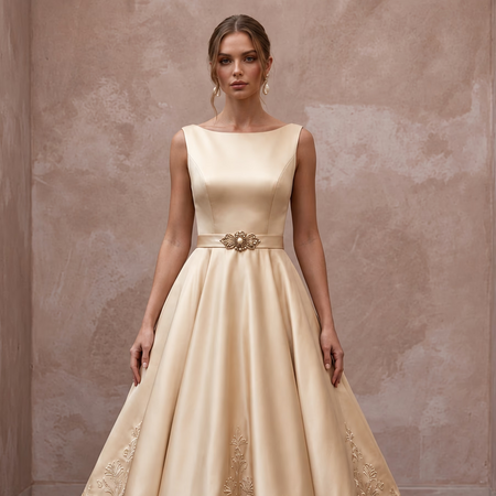 Retro Champagne Satin Swing Bridal Dress for Vow Renewal Party - Apparel & Accessories > Clothing > Wedding & Bridal Party Dresses > Wedding Dresses - Mignonette Bridal