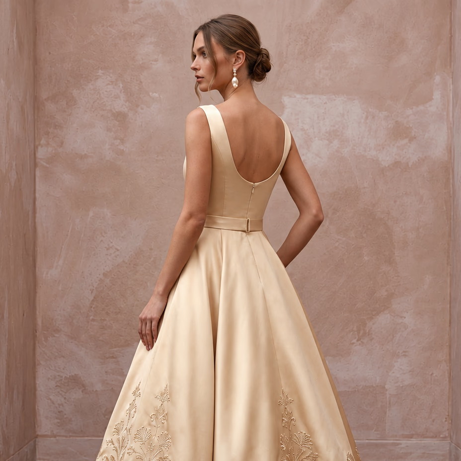 Retro Champagne Satin Swing Bridal Dress for Vow Renewal Party - Apparel & Accessories > Clothing > Wedding & Bridal Party Dresses > Wedding Dresses - Mignonette Bridal