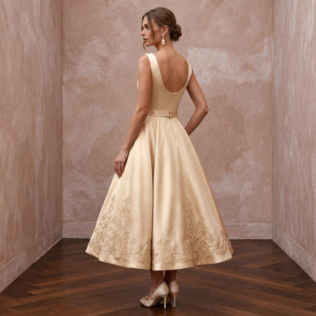 Retro Champagne Satin Swing Bridal Dress for Vow Renewal Party - Apparel & Accessories > Clothing > Wedding & Bridal Party Dresses > Wedding Dresses - Mignonette Bridal