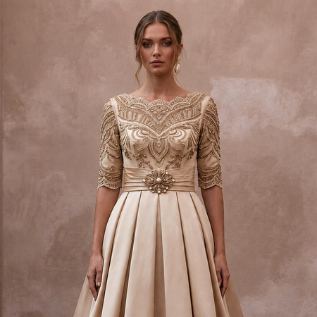Retro Champagne Satin Swing Dress for Vow Renewal Party - Apparel & Accessories > Clothing > Wedding & Bridal Party Dresses > Wedding Dresses - Mignonette Bridal