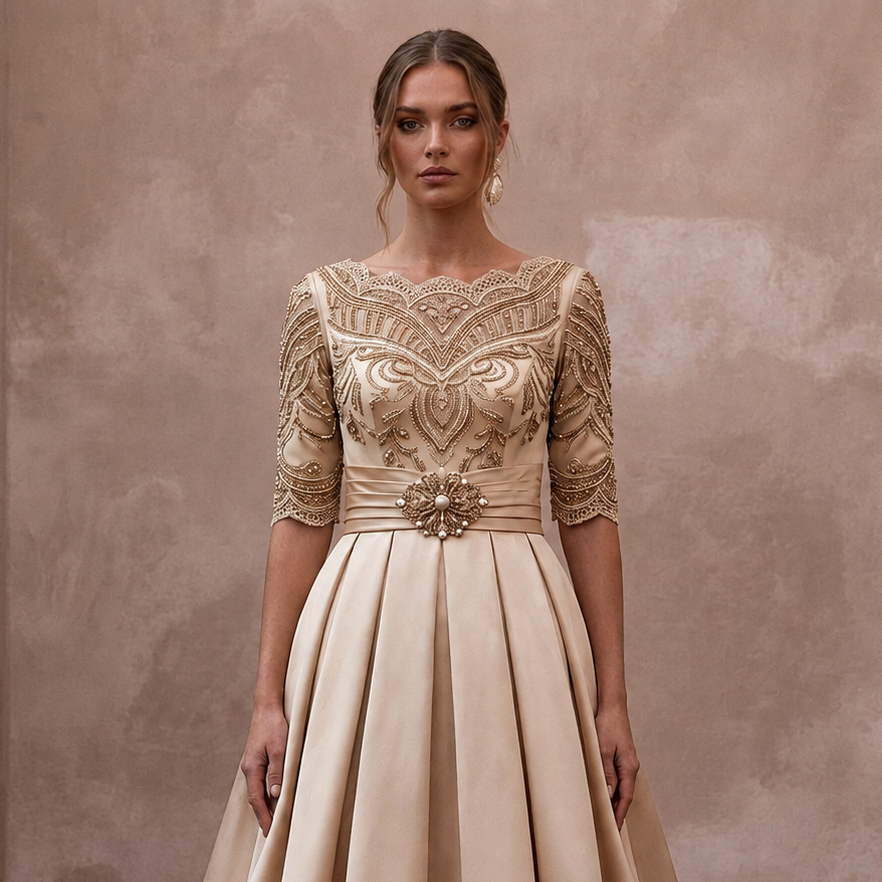 Retro Champagne Satin Swing Dress for Vow Renewal Party
