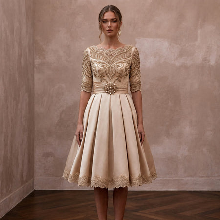 Retro Champagne Satin Swing Dress for Vow Renewal Party - Apparel & Accessories > Clothing > Wedding & Bridal Party Dresses > Wedding Dresses - Mignonette Bridal
