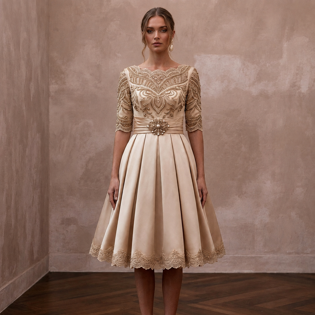 Retro Champagne Satin Swing Dress for Vow Renewal Party