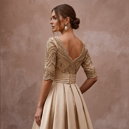 Retro Champagne Satin Swing Dress for Vow Renewal Party - Apparel & Accessories > Clothing > Wedding & Bridal Party Dresses > Wedding Dresses - Mignonette Bridal