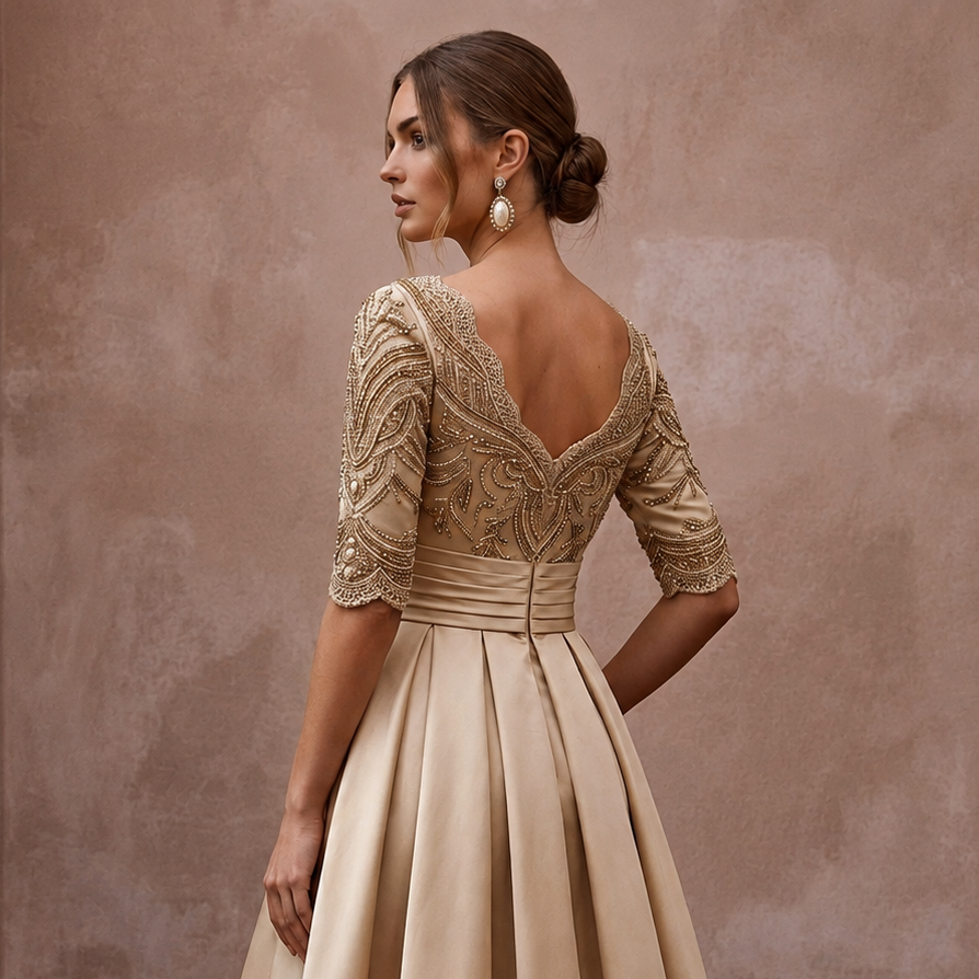 Retro Champagne Satin Swing Dress for Vow Renewal Party