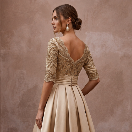 Retro Champagne Satin Swing Dress for Vow Renewal Party