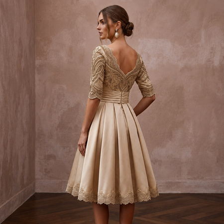 Retro Champagne Satin Swing Dress for Vow Renewal Party