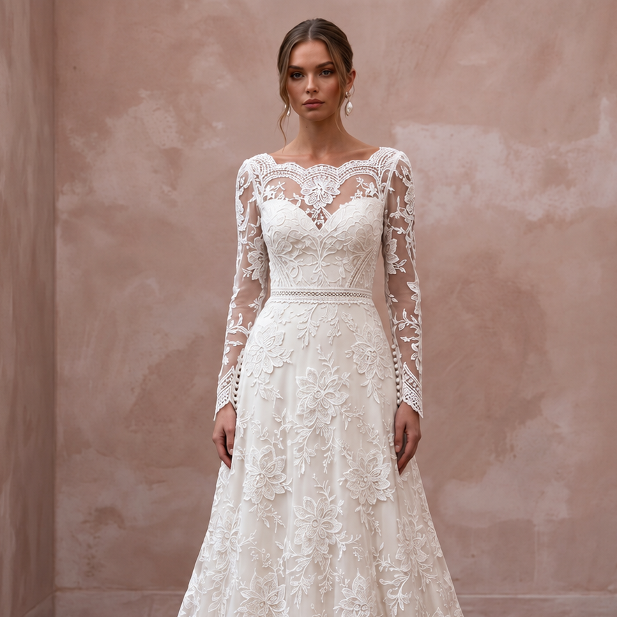 Retro Floral Lace Wedding Dress with Long Sleeves