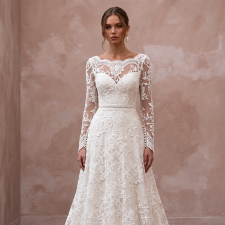 Retro Floral Lace Wedding Dress with Long Sleeves
