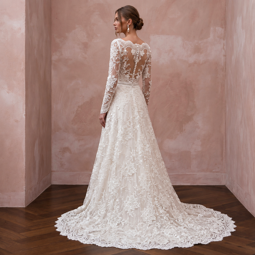 Retro Floral Lace Wedding Dress with Long Sleeves