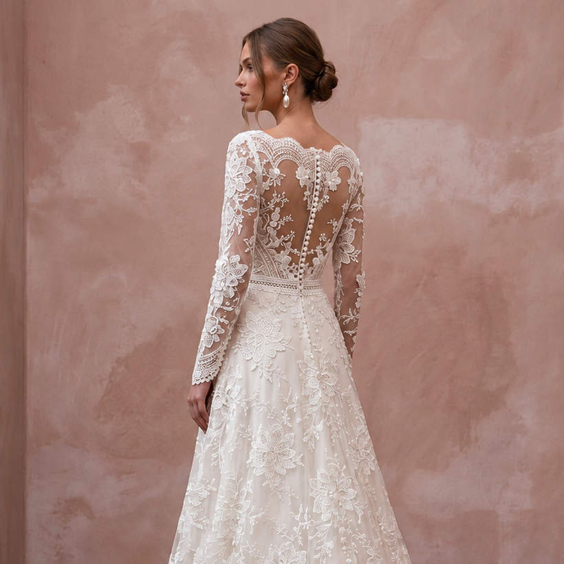 Retro Floral Lace Wedding Dress with Long Sleeves
