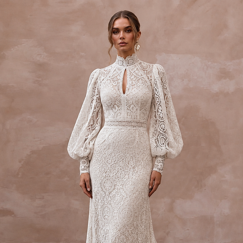 Retro Lace Bridal Dress with Bishop Sleeves
