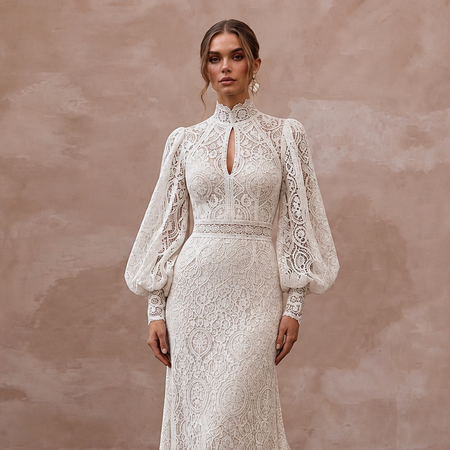 Retro Lace Bridal Dress with Bishop Sleeves
