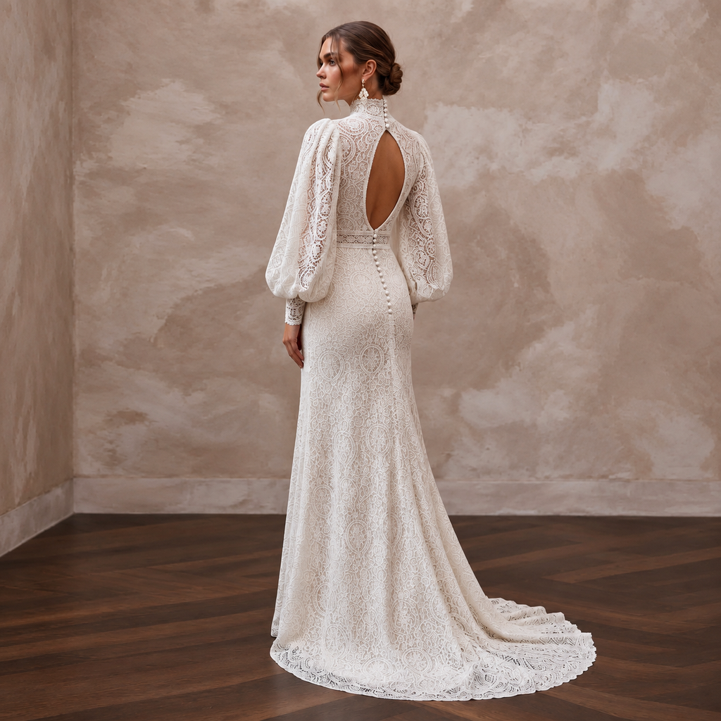 Retro Lace Bridal Dress with Bishop Sleeves