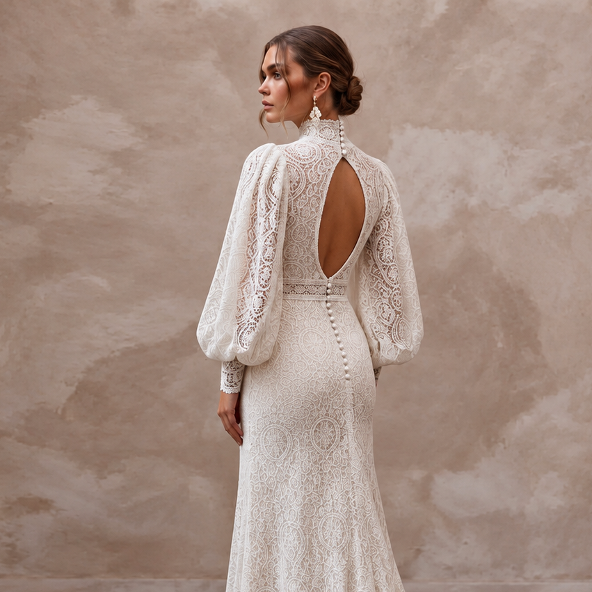Retro Lace Bridal Dress with Bishop Sleeves
