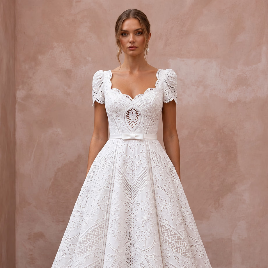 Retro White Eyelet Fit - and - Flare Bridal Dress for Ice Cream Social Rehearsal - Apparel & Accessories > Clothing > Wedding & Bridal Party Dresses > Wedding Dresses - Mignonette Bridal