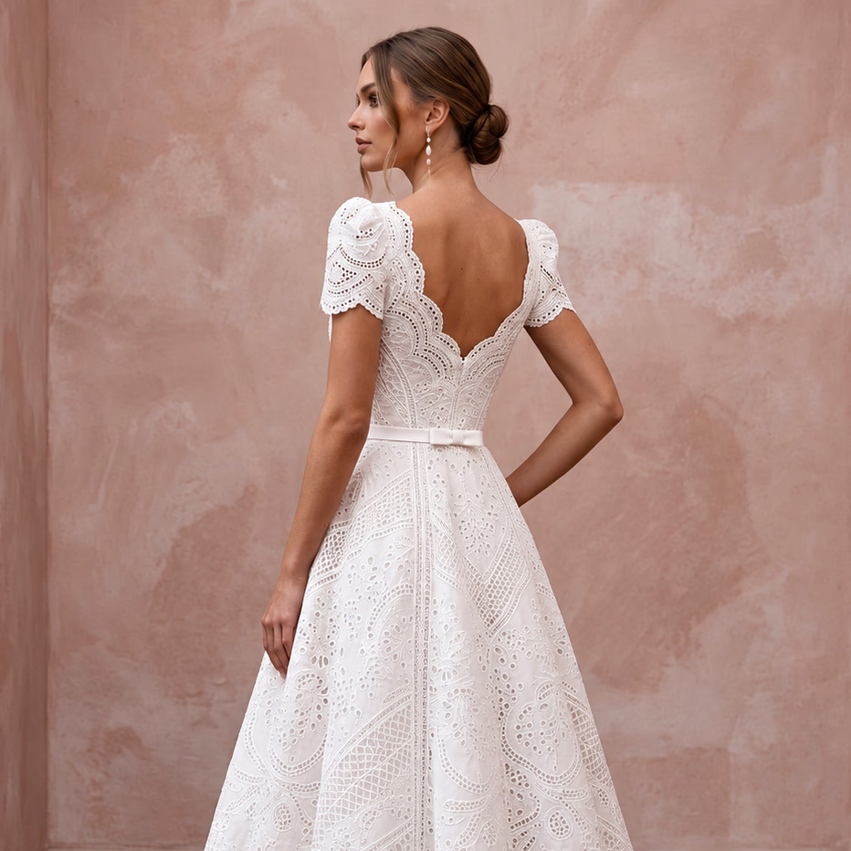 Retro White Eyelet Fit - and - Flare Bridal Dress for Ice Cream Social Rehearsal - Apparel & Accessories > Clothing > Wedding & Bridal Party Dresses > Wedding Dresses - Mignonette Bridal