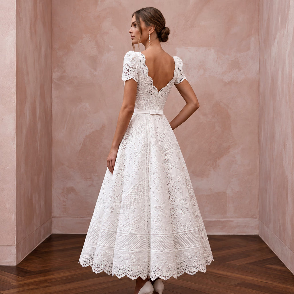 Retro White Eyelet Fit - and - Flare Bridal Dress for Ice Cream Social Rehearsal - Apparel & Accessories > Clothing > Wedding & Bridal Party Dresses > Wedding Dresses - Mignonette Bridal