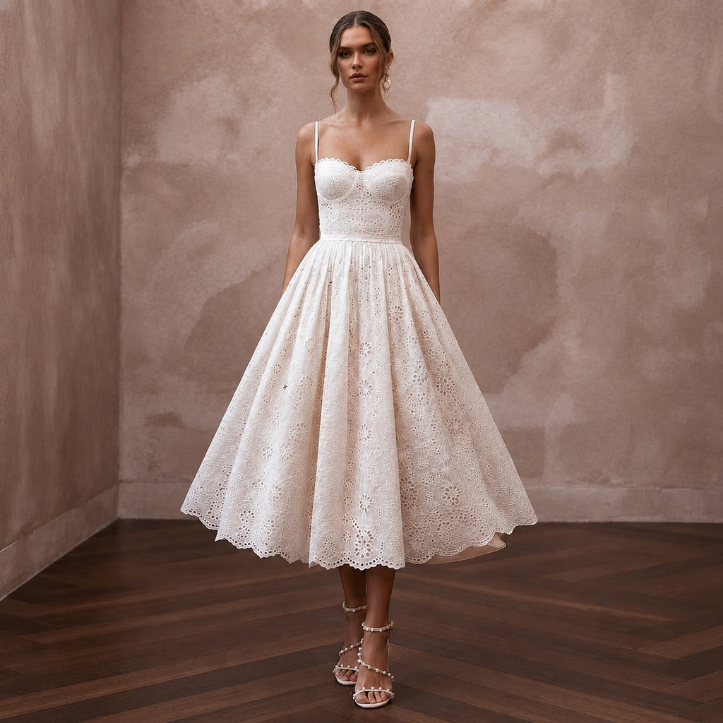Retro White Eyelet Fit - and - Flare for Ice Cream Social Rehearsal - Apparel & Accessories > Clothing > Wedding & Bridal Party Dresses > Wedding Dresses - Mignonette Bridal