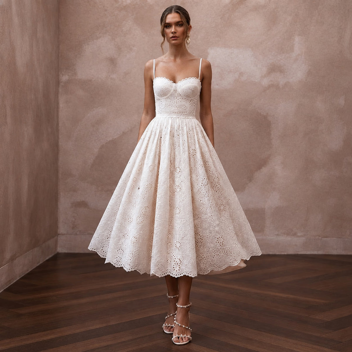 Retro White Eyelet Fit - and - Flare for Ice Cream Social Rehearsal - Apparel & Accessories > Clothing > Wedding & Bridal Party Dresses > Wedding Dresses - Mignonette Bridal