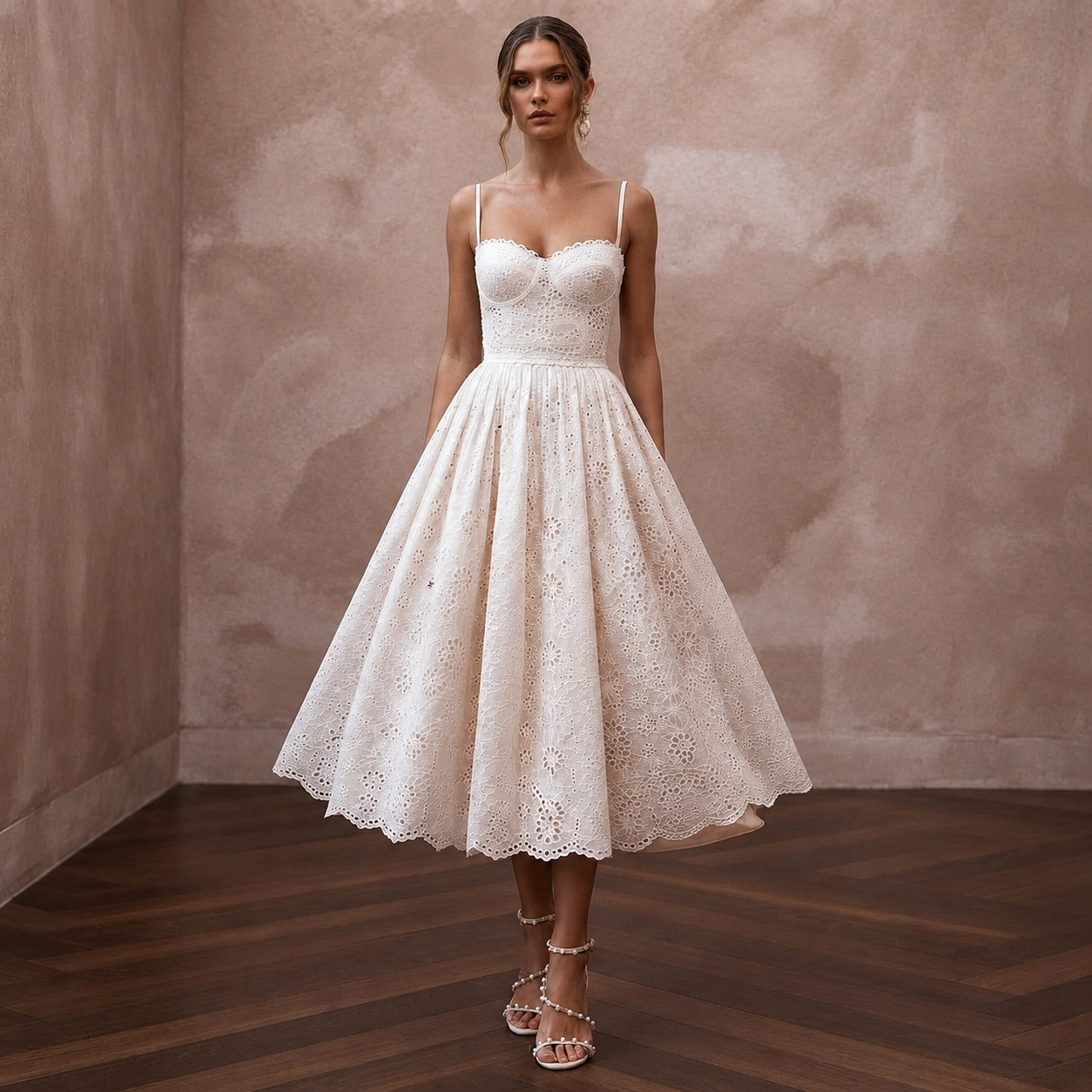 Retro White Eyelet Fit-and-Flare for Ice Cream Social Rehearsal