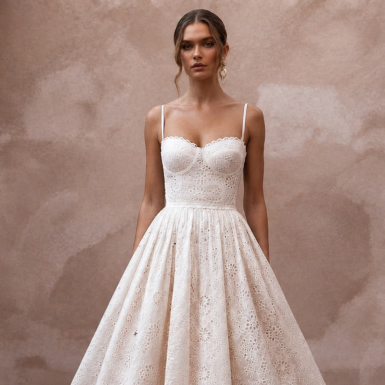 Retro White Eyelet Fit - and - Flare for Ice Cream Social Rehearsal - Apparel & Accessories > Clothing > Wedding & Bridal Party Dresses > Wedding Dresses - Mignonette Bridal