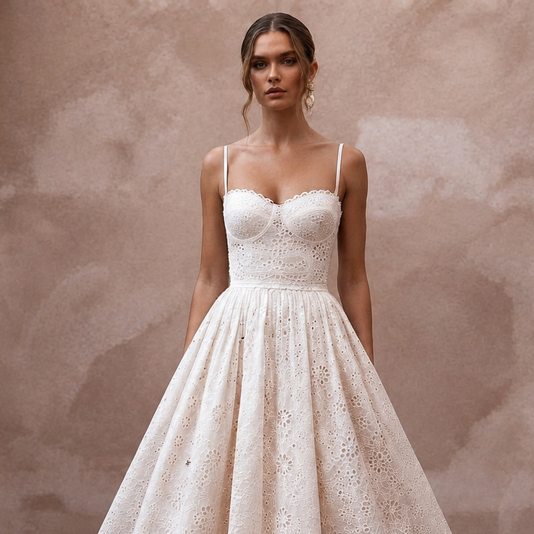 Retro White Eyelet Fit-and-Flare for Ice Cream Social Rehearsal