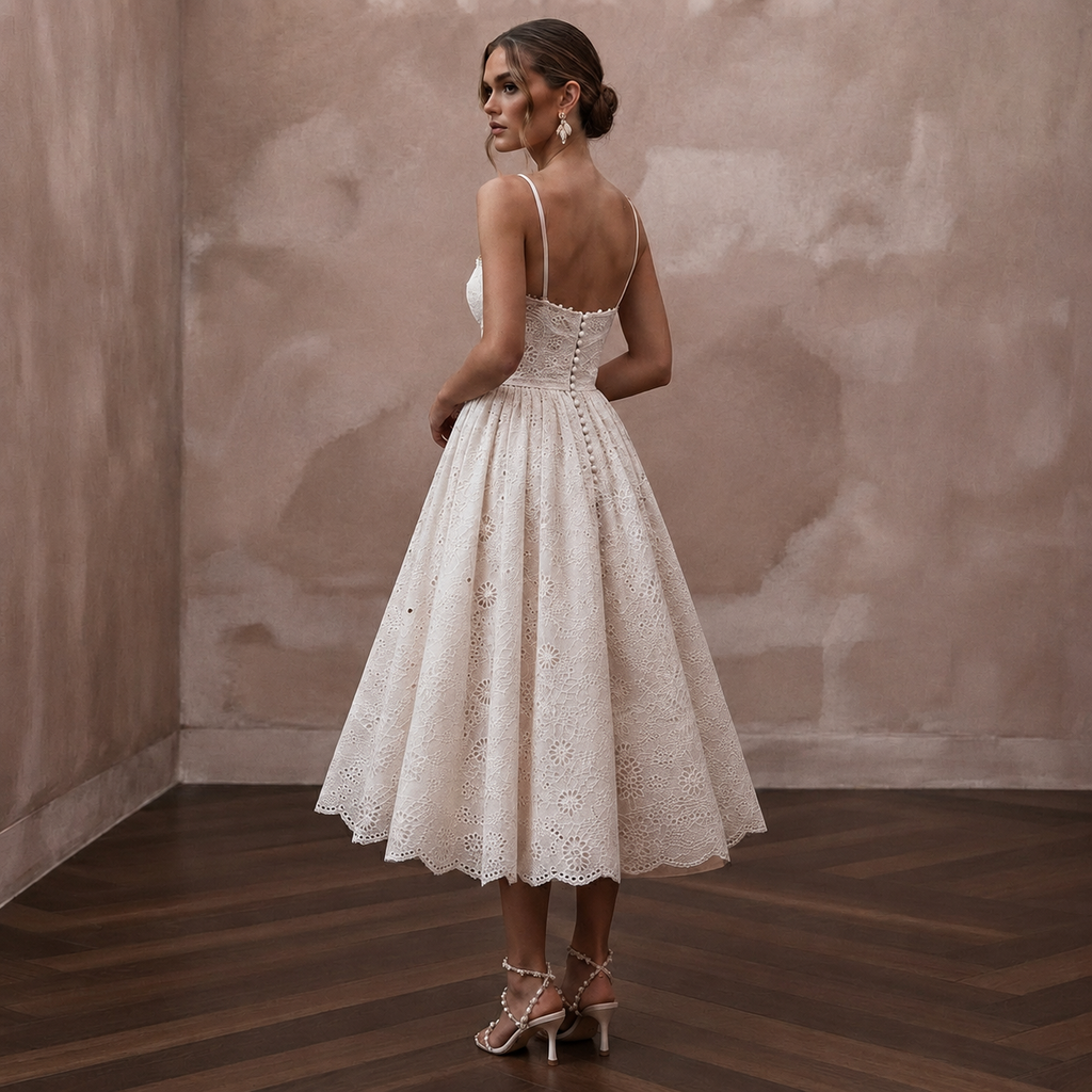 Retro White Eyelet Fit-and-Flare for Ice Cream Social Rehearsal