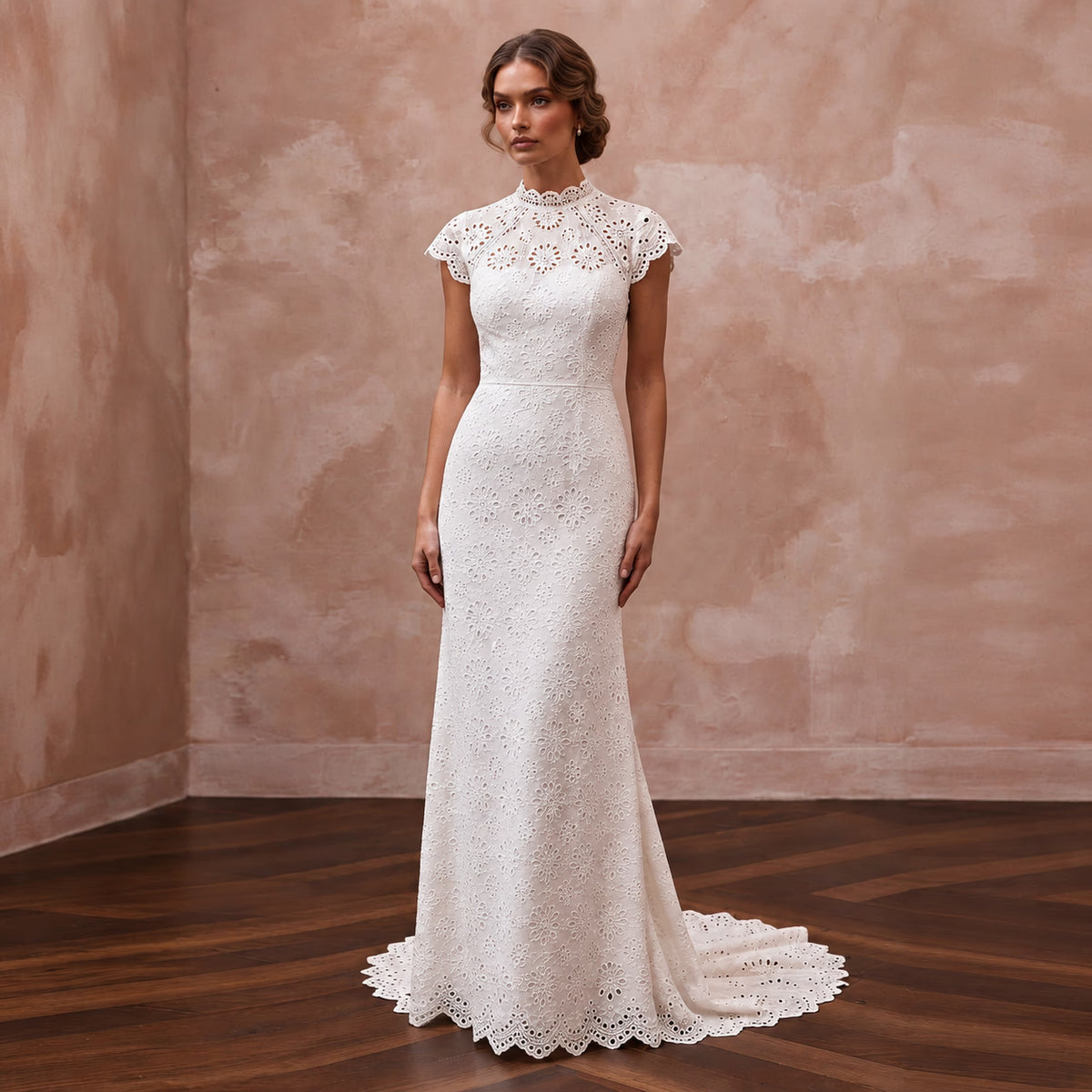 Retro White Eyelet Lace Sheath Wedding Gown for Backyard Vow Renewal