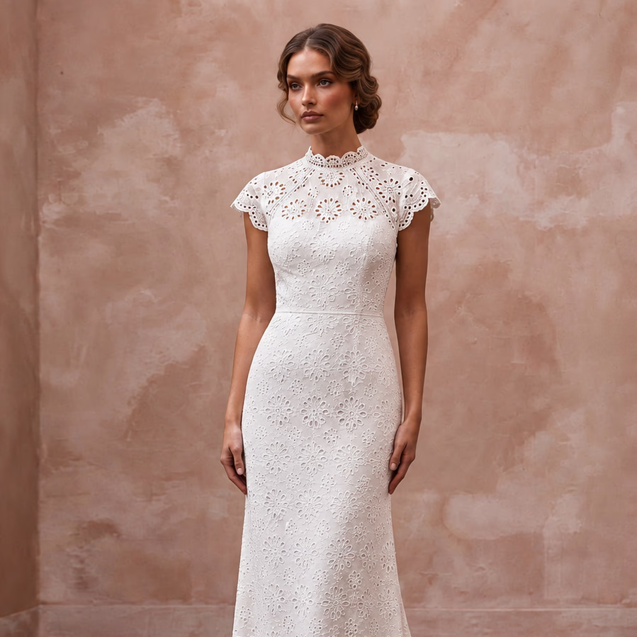 Retro White Eyelet Lace Sheath Wedding Gown for Backyard Vow Renewal