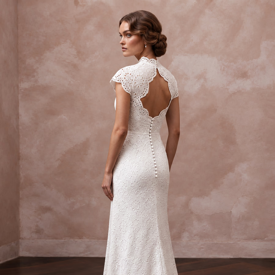 Retro White Eyelet Lace Sheath Wedding Gown for Backyard Vow Renewal