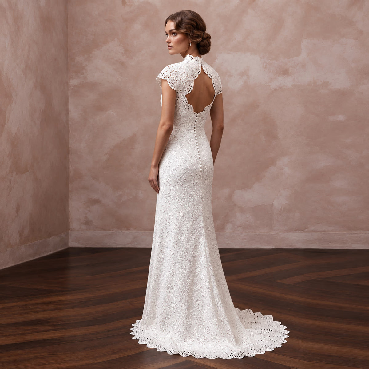 Retro White Eyelet Lace Sheath Wedding Gown for Backyard Vow Renewal
