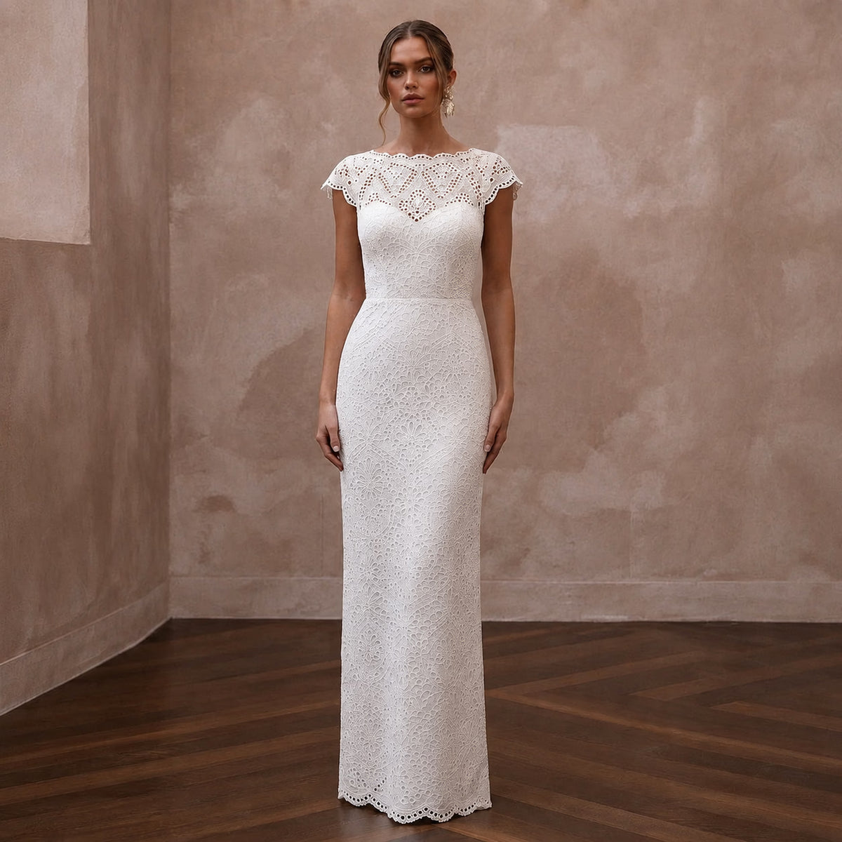Retro White Eyelet Lace Sheath for Backyard Vow Renewal - Apparel & Accessories > Clothing > Wedding & Bridal Party Dresses > Wedding Dresses - Mignonette Bridal Main image