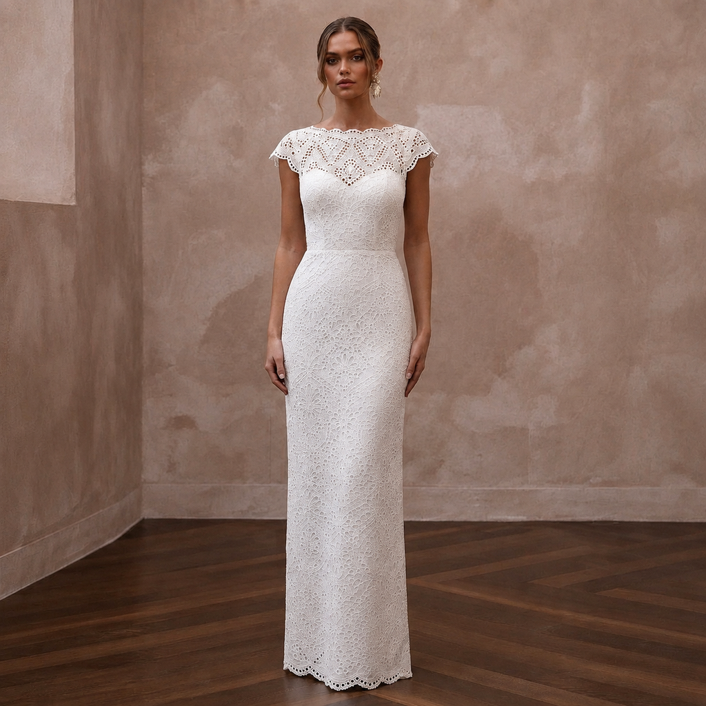 Retro White Eyelet Lace Sheath for Backyard Vow Renewal