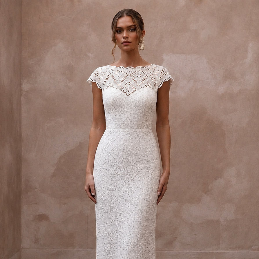 Retro White Eyelet Lace Sheath for Backyard Vow Renewal