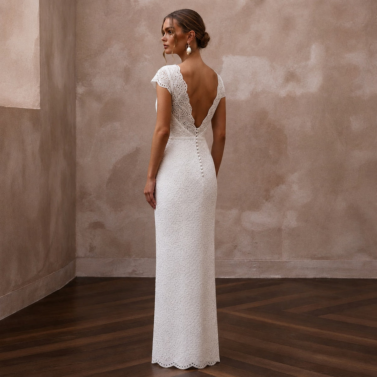 Retro White Eyelet Lace Sheath for Backyard Vow Renewal - Apparel & Accessories > Clothing > Wedding & Bridal Party Dresses > Wedding Dresses - Mignonette Bridal