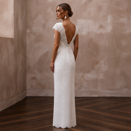 Retro White Eyelet Lace Sheath for Backyard Vow Renewal