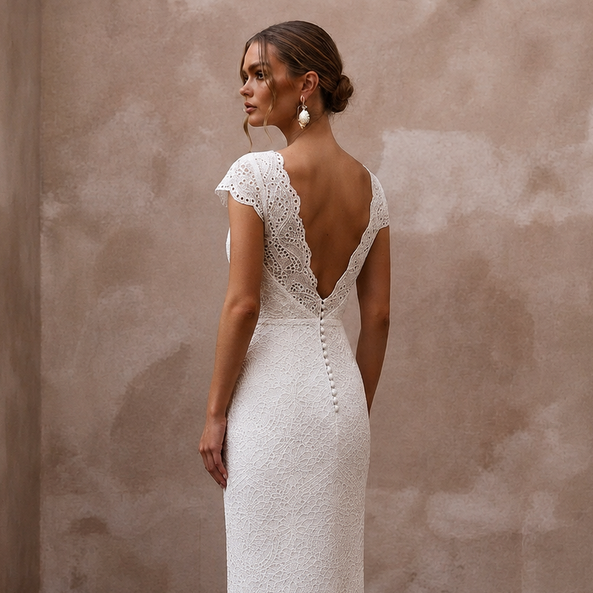 Retro White Eyelet Lace Sheath for Backyard Vow Renewal