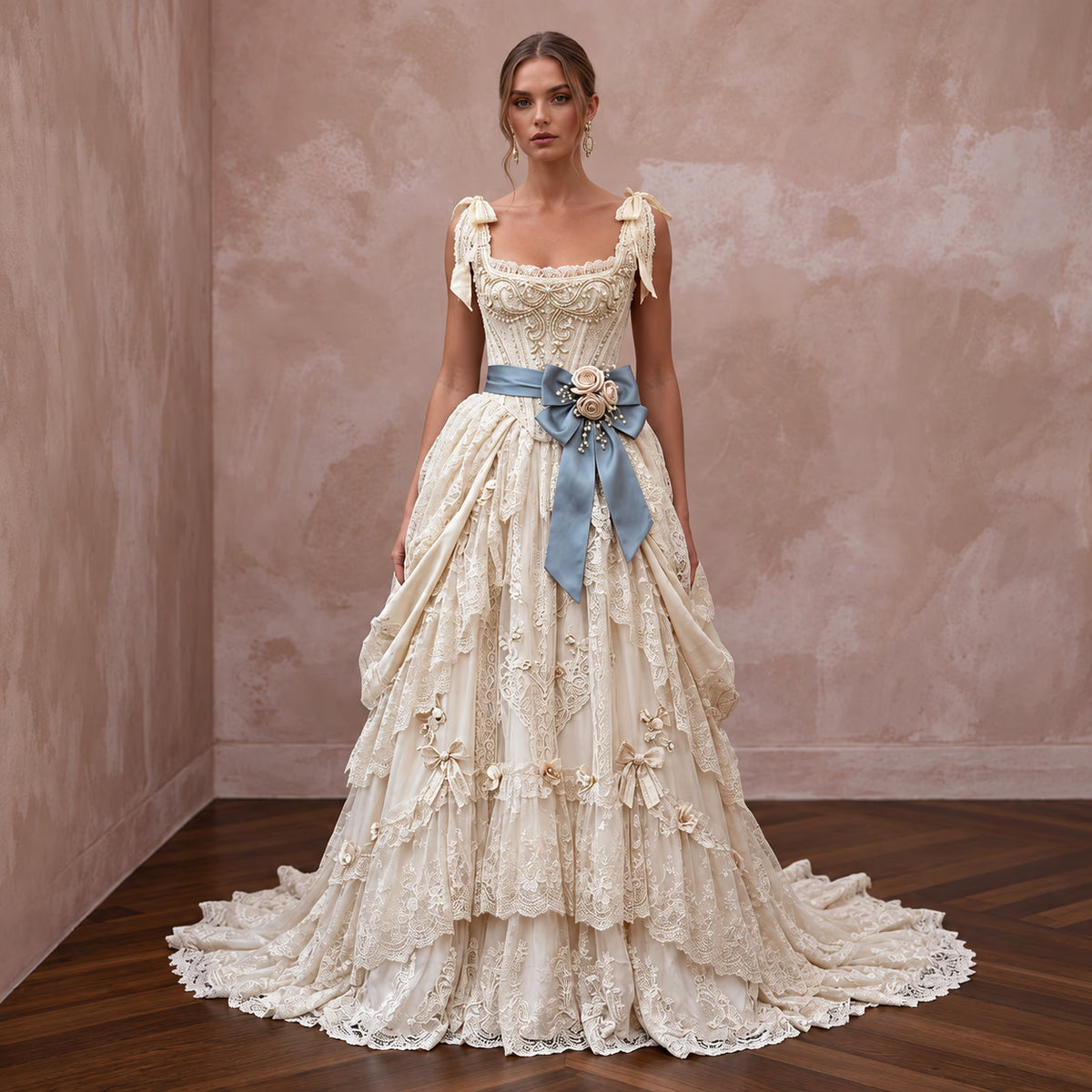 Rococo-Inspired Antique Lace & Ribbon Bridal Gown for Themed Photoshoot