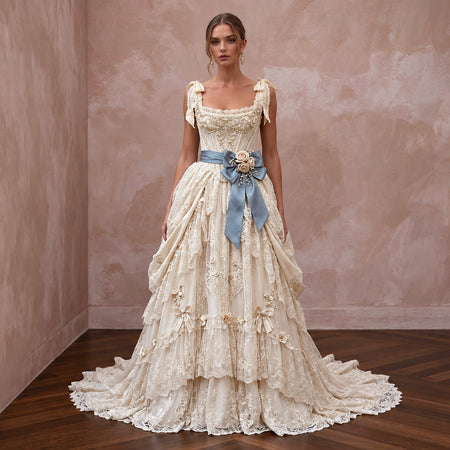 Rococo-Inspired Antique Lace & Ribbon Bridal Gown for Themed Photoshoot