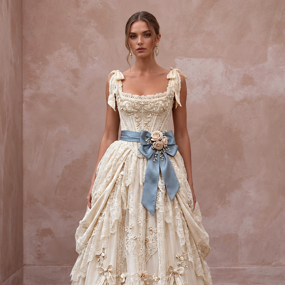 Rococo-Inspired Antique Lace & Ribbon Bridal Gown for Themed Photoshoot Secondary image