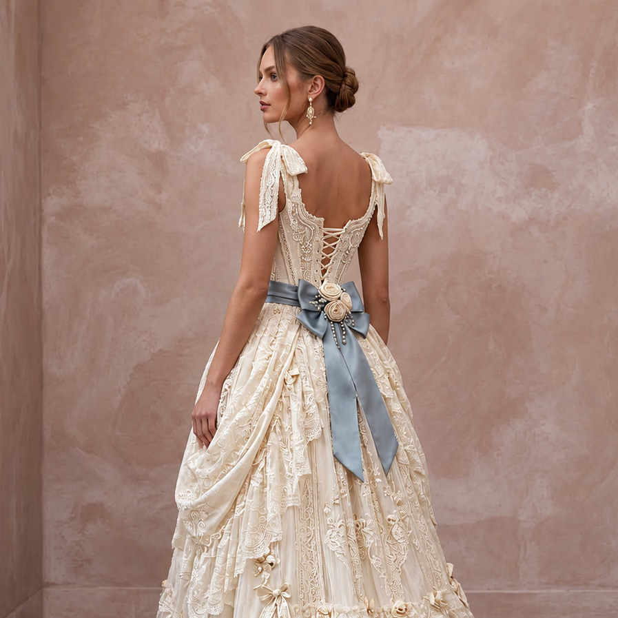 Rococo-Inspired Antique Lace & Ribbon Bridal Gown for Themed Photoshoot