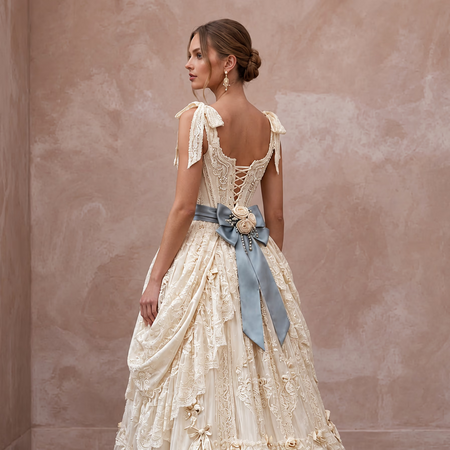 Rococo-Inspired Antique Lace & Ribbon Bridal Gown for Themed Photoshoot
